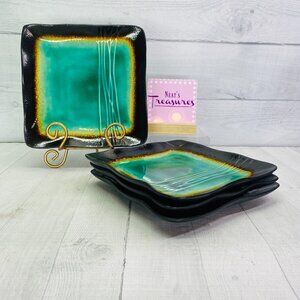 Baum Brothers GALAXY JADE Square Brown Trim Green Wavy Lunch Salad Plate Set 4